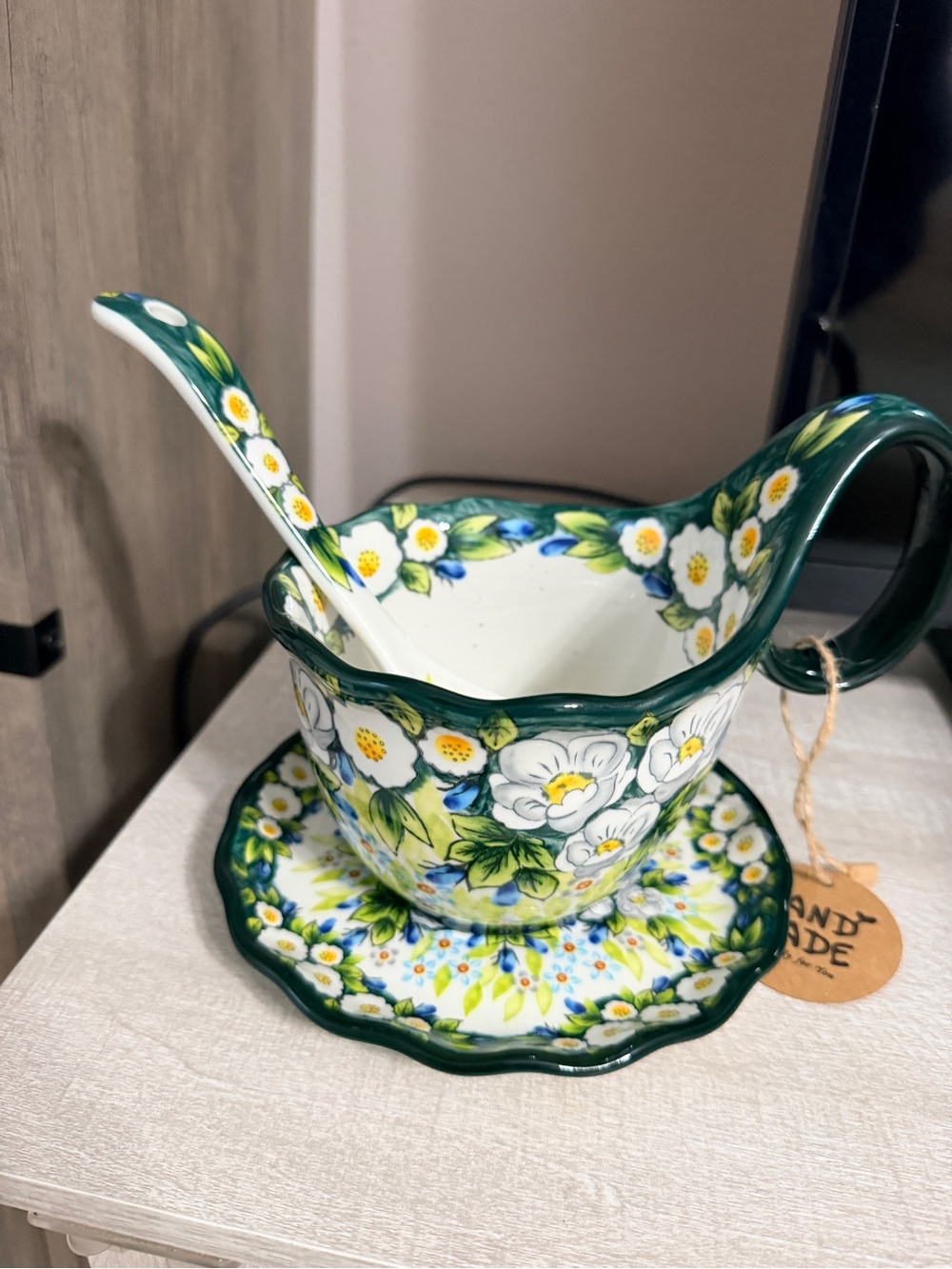 Hand-Painted Floral Pitcher with Spoon and Saucer - Green, White, Yellow